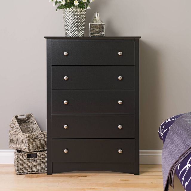 Prepac 5 Drawer Dresser Black: Transitional Style, Satin Finish, Nickel Hardware, Bedroom Storage