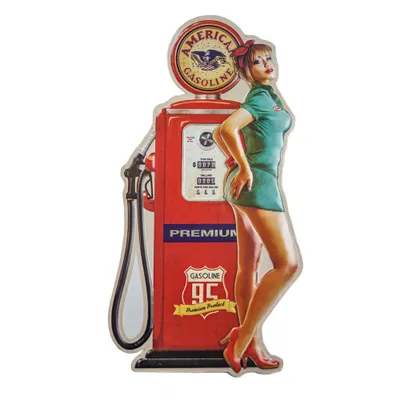 22 x 11.5 American Gas Pin Up Girl Embossed Metal Sign Red: Vintage Auto Decor, Wall Art - American Art Decor