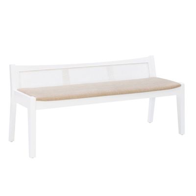 52 Bessie Boho Natural Cane Upholstered Seat Backed Bench  - Powell: Rubberwood Frame, Entryway Furniture