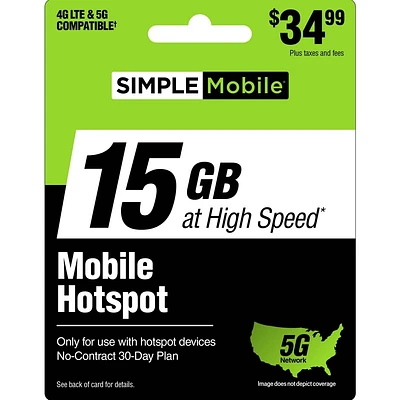 SIMPLE MOBILE Mobile Hotspot 15GB Data 30 Day Plan (EMAIL DELIVERY)- $34.99