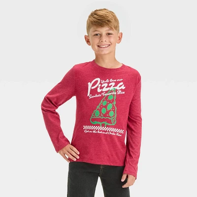 Boy Long Sleeve Chritma Pizza Tree Graphic T-Shirt