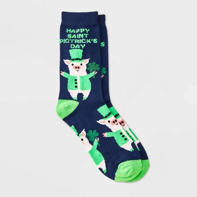 Women Happy St. Pigtrick Day St Patrick Day Crew Sock - Navy/ 4-10