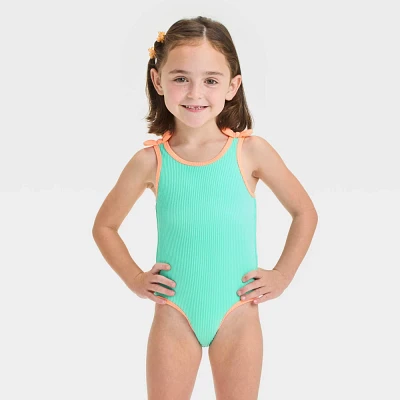 Baby Girl Solid Ribbed Value One Piece Swimuit With Bow