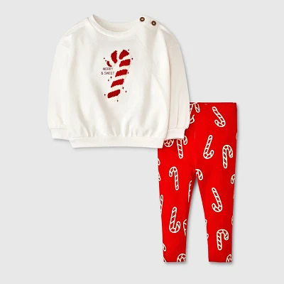 Baby Girls Candy Cane Fleece Sweatshirt & Ribbed Leggings Set