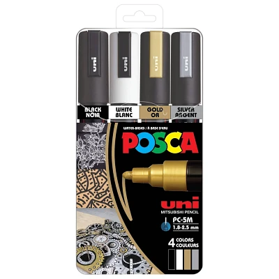 uniball POSCA PC-5M Water Based Paint Markers in Metallic Colors - Medium Tip (1.8-2.5mm) - 4 Pack: Paint Pens Acrylic