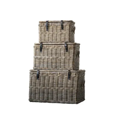 Storied Home Set of 3 Rattan Baskets with Lids and Leather Buckles Brown: Rectangular Woven Organizers, SFI Certified