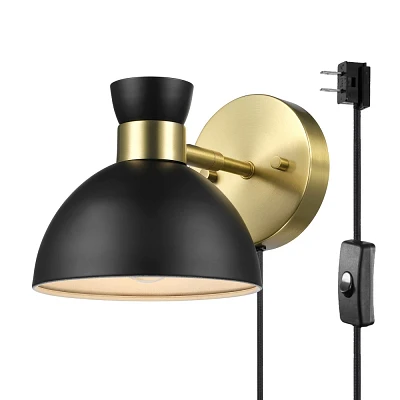 Globe Electric 1-Light Matte Brass Plug-In or Hardwire Wall Sconce with Black Metal Shade