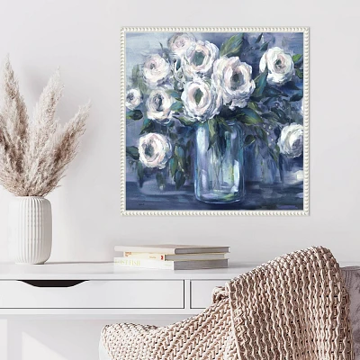 Amanti Art Indigo and White Blooms in Mason Jar by Tre Sorelle Studios Framed Canvas