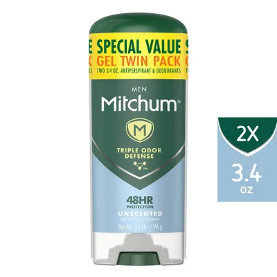 Mitchum Mens Antiperspirant & Deodorant Triple Odor Defense Gel Stick, 48 Hr Protection, Unscented - Unscented - 3.4oz/2pk