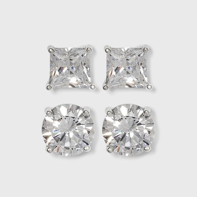 Sterling Silver Cubic Zirconia Duo Stud Earring Set 2pc - A New Day Clear