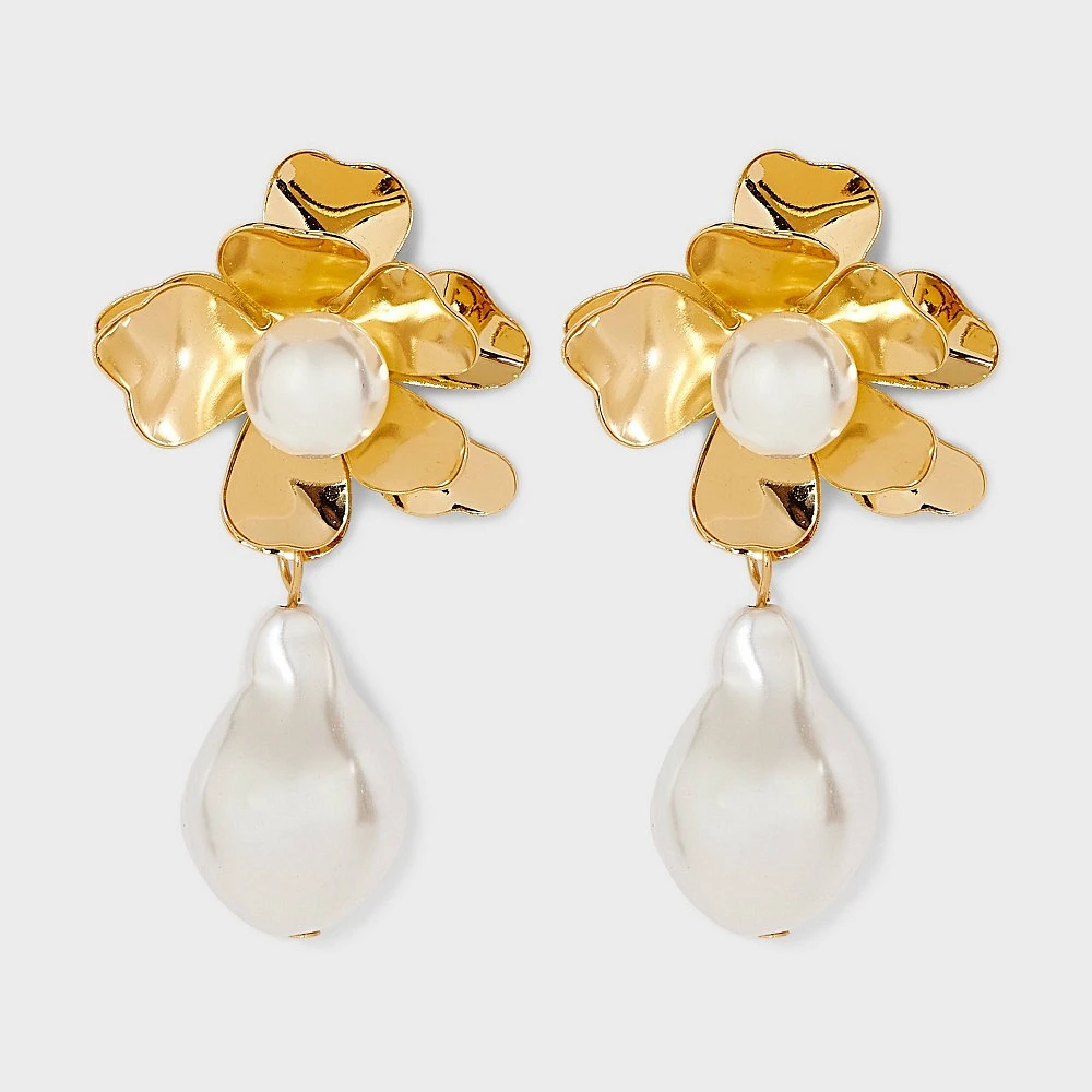 Flower Post With Pearl Fringe Dangle Earrings - Gold/Ivory