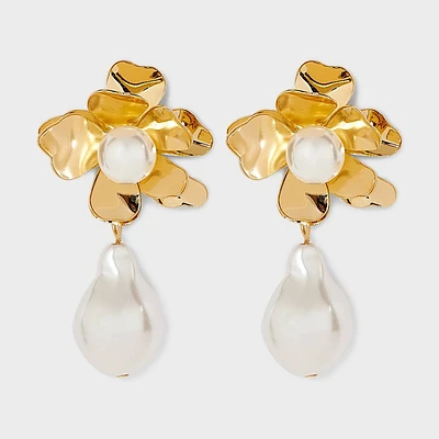 Flower Post With Pearl Fringe Dangle Earrings - Gold/Ivory