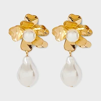 Flower Post With Pearl Fringe Dangle Earrings - Gold/Ivory