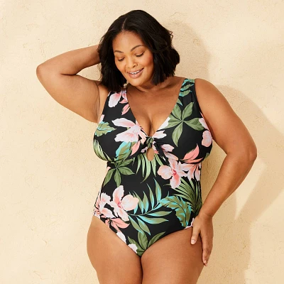 Womens Tie-Front Medium Coverage One Piece Swimsuit