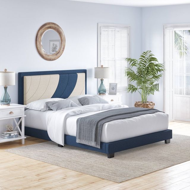 Twin Becca Two-Toned Upholstered Platform Bed Blue/White Linen - Eco Dream