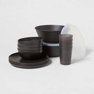 16pc Plastic Dishware Set Black - Room Essentials: BPA-Free Dinnerware, Microwave & Dishwasher Safe, Service for 4