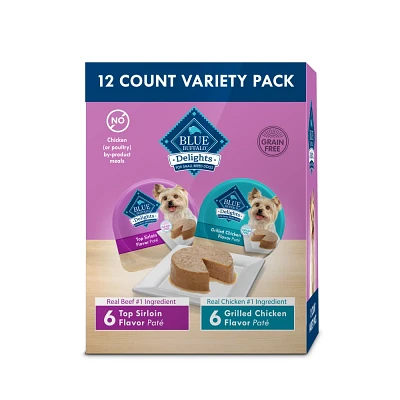 Blue Buffalo Delights Natural Adult Small Breed Wet Dog Food Cups Pate Style, Grilled Chicken & Top Sirloin Beef Flavor - 3.5oz/12ct