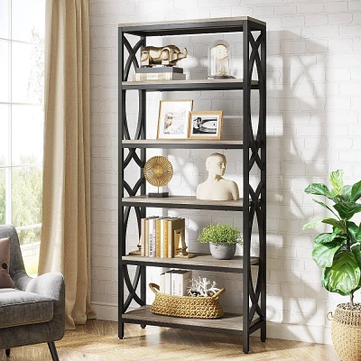 LITTLE TREE 70.87 Tall Modern 6 Tier Bookcase Gray/Black