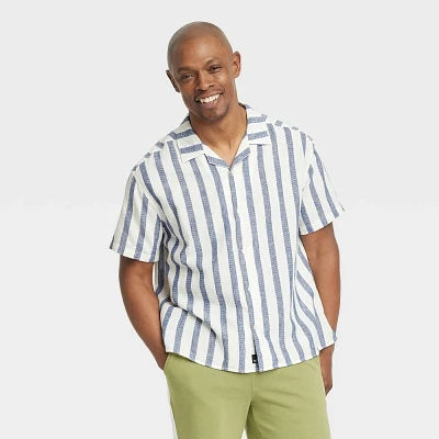 Houston White hort leeve triped Button-Down Camp hirt - Cream : Linen-Notched Collar