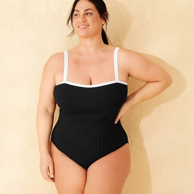 Womens Contrast Binding Full Coverage One Piece Swimsuit