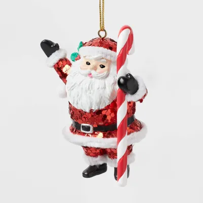 Glittered Santa with Candy Cane Christmas Tree Ornament