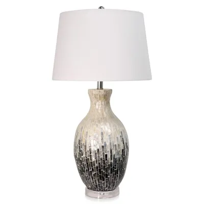 StyleCraft Aasha Capiz Shell Ceramic Table Lamp with Fabric Shade White : Nightstand Elegance, 3-Way Lighting