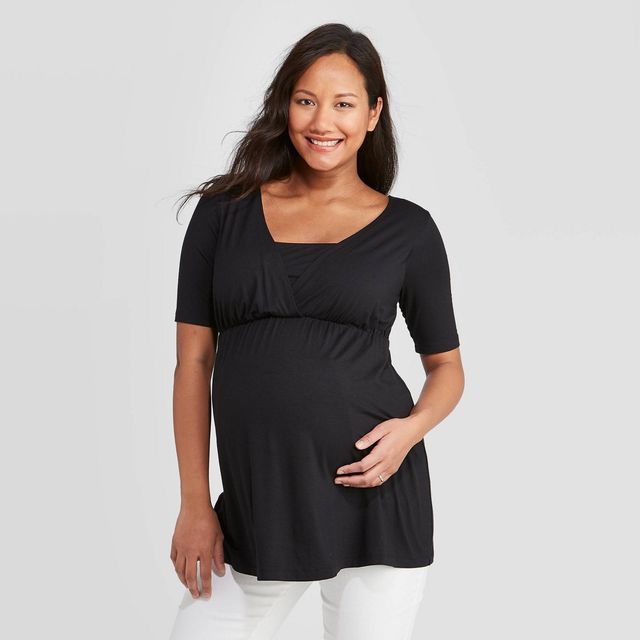 Materntiy Elbow Sleeve Deep V-Neck Nursing Maternity Top