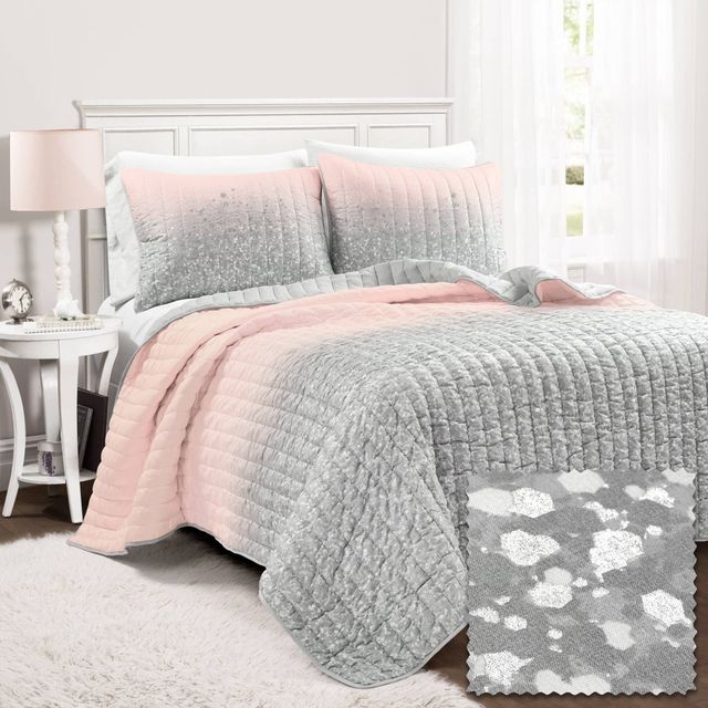 3pc Full/Queen Kids Glitter Ombre Metallic Print Quilt Set Blush/Gray - Lush Dcor