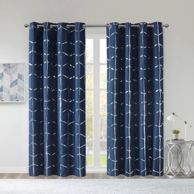 63x50 Arielle Total Blackout Metallic Printed Curtain Panel Navy