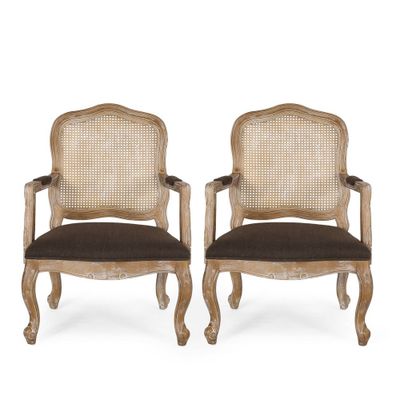 Set of 2 Andrea French Country Wood and Cane Upholstered Dining Armchairs - Home