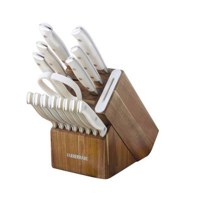 Farberware 16pc Edgekeeper Forged Triple Rivet Set - White: Stainless Steel Cutlery Block Set with Steak & Santoku Knives