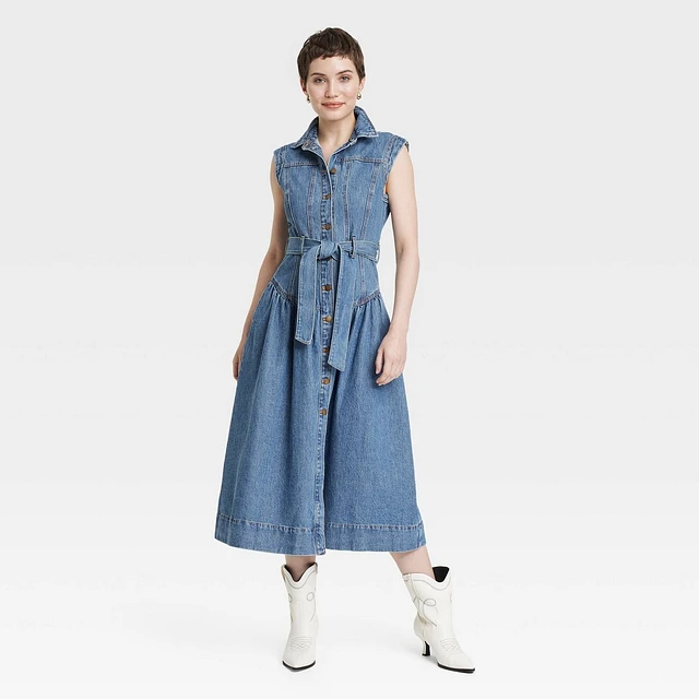 Universal Thread Womens Tie-Waist Midi A-Line Denim Dress - Universal Thread Indigo : Sleeveless, Front Button Down | Connecticut Post Mall Universal Thread Womens Tie-Waist Midi A-Line Denim Dress - Universal Thread Indigo : Sleeveless, Front Button Down | Connecticut Post Mall