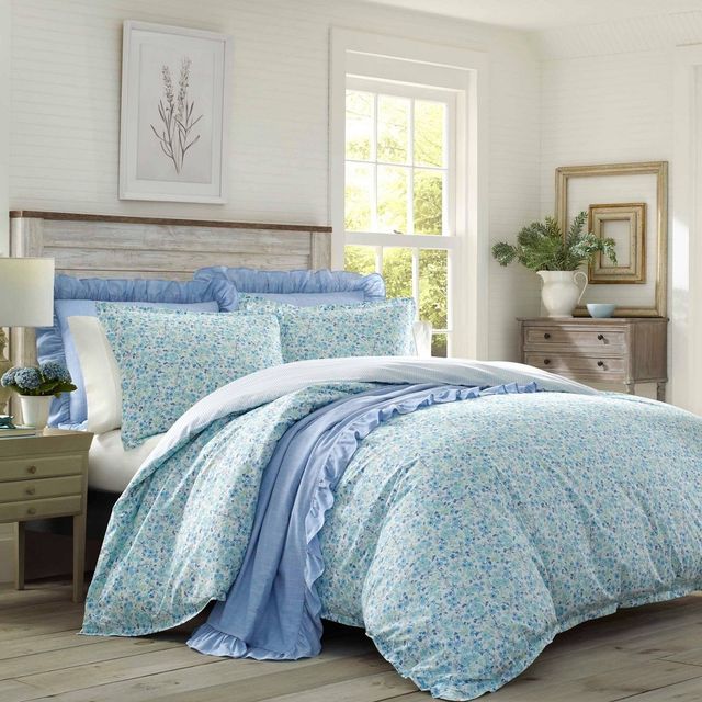 Jaynie Stonewashed Reversible Duvet Cover & Sham Set Blue - Laura Ashley: Cotton Percale