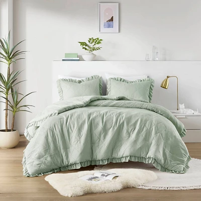 510 Design King/California King Phoebe Diamond Quilted Ruffle Edge Comforter Set Sage Green