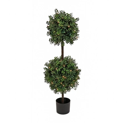 National Tree Company 46 Pre-Lit Boxwood Double Ball Topiary: Indoor/Outdoor, Matte Black Pot, 100 Clear Lights