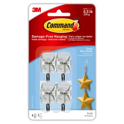 Command Small Sized Wire Hooks (4 Hooks/5 Strips) - Clear: Adhesive Wall Hooks, Plastic, 0.5 lb Capacity, 1.18 Height