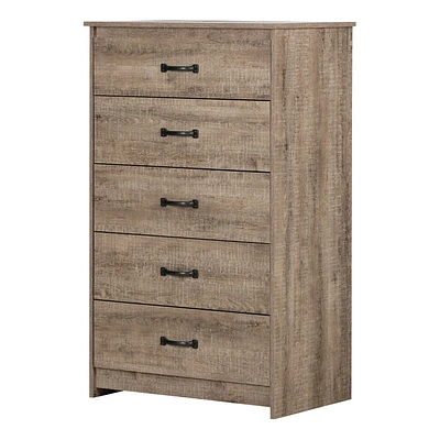 South Shore Tassio 5 Drawer Chest Weathered Oak: Modern Country Style, Metal Slides, 25 lb Capacity per Drawer