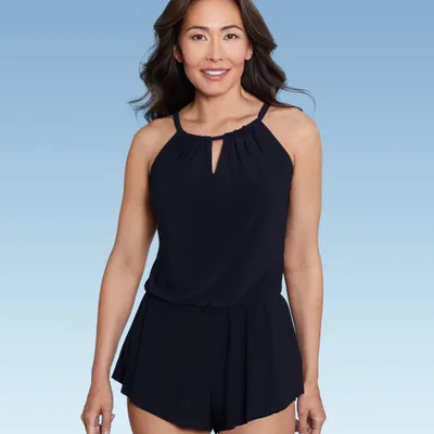Womens UPF 50 High Neck Swim Romper with Pockets One Piece Swimsuit