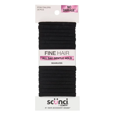 scnci No Damage Super Comfy Hosiery Elastic Hair Tie Ponytailers - Black - Fine Hair - 20pc