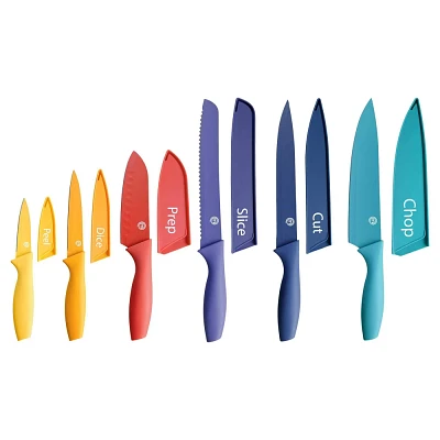 MasterChef 12pc Knife Set with Covers Sharp Nonstick Knives Vivid Color Collection: Stainless Steel Blades, Hand Wash