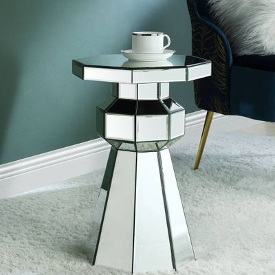 16 Meria Coffee Table Mirrored - Acme Furniture: Modern Glamour, Glass Pedestal, Octagon Base, No Tools Assembly