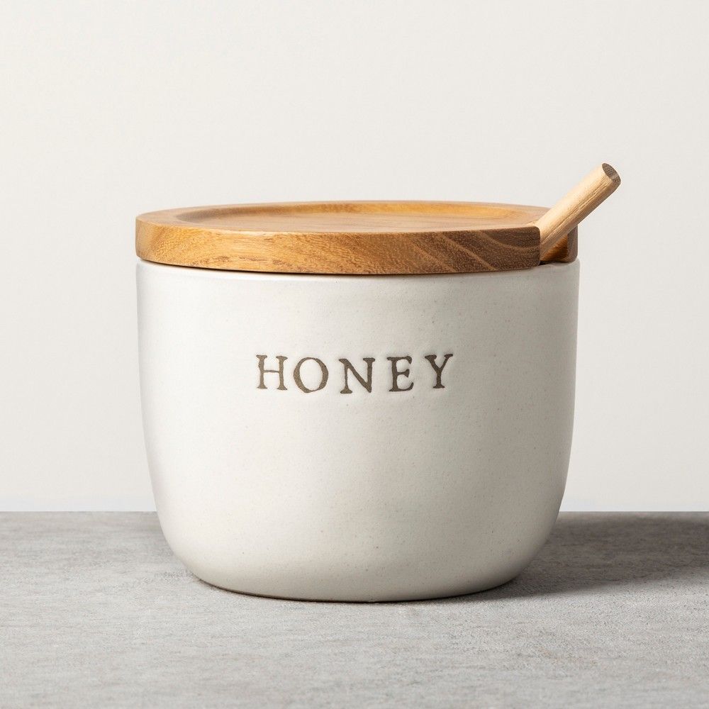 Stoneware Honey Pot with Wood Lid & Dipper Cream/Brown - Hearth & Hand with Magnolia: Farmhouse Style Server