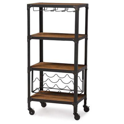 Swanson Rustic Industrial Style Antique Black & Metal Distressed Wood Mobile Kitchen Bar Wine Storage Shelf - Baxton Studio