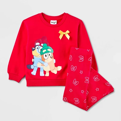 Toddler Girls Bluey Bingo Christmas Bow 2pc Pullover Top and Bottom Set