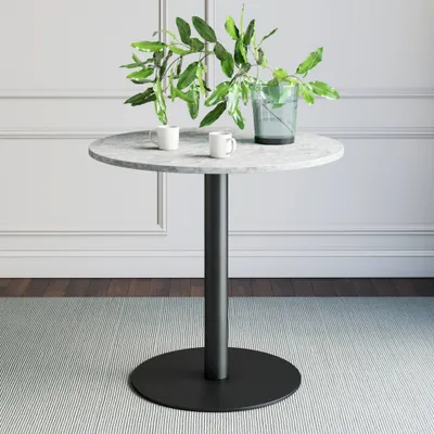 32 Round Bistro Dining Table White Faux Marble/Matte Black Metal - Nathan James: Kitchen, Pedestal Base