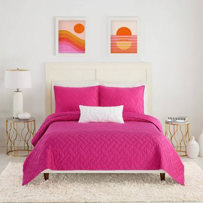 Trina Turk 3pc King Dream Weaver Coverlet Set Pink: Cotton Quilted Bedding, Basket Weave Pattern, Machine Washable