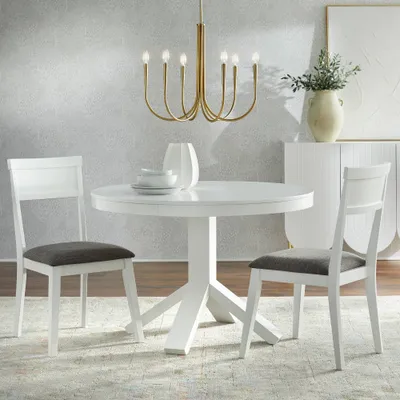 3Pc Overton Dining Set White - Buylateral: Modern Farmhouse Style, Round Pedestal Table, Charcoal Upholstered Chairs