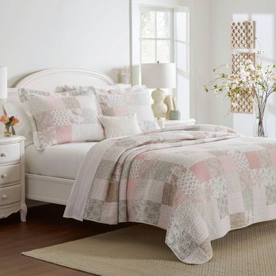 Full/Queen Celina Patchwork Quilt Set Pink - Laura Ashley: Cotton Material, Pre Washed, Includes 2 Shams