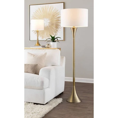 LumiSource Lenuxe 65 Floor Lamp: Gold Metal, White Linen Drum Shade, UL Listed