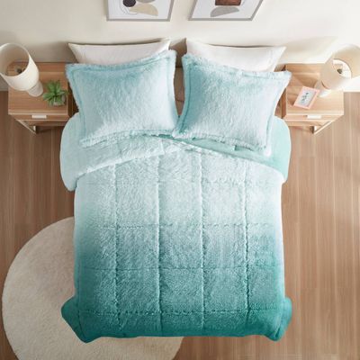 Intelligent Design 3pc Full/Queen Leena Shaggy Long Fur Comforter Mini Set Aqua Ombre